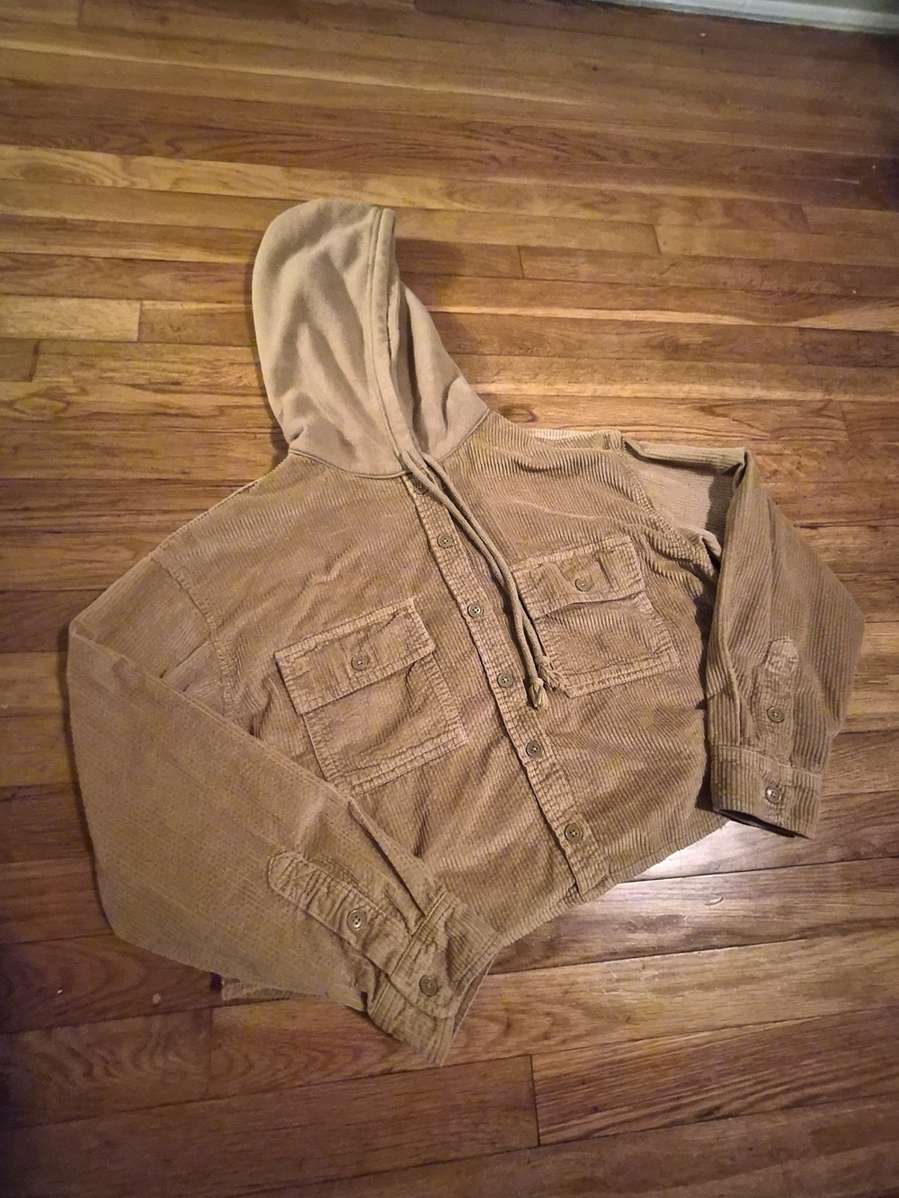 American Eagle Outfitters Cozy Hooded Corduroy Jacket in Tan